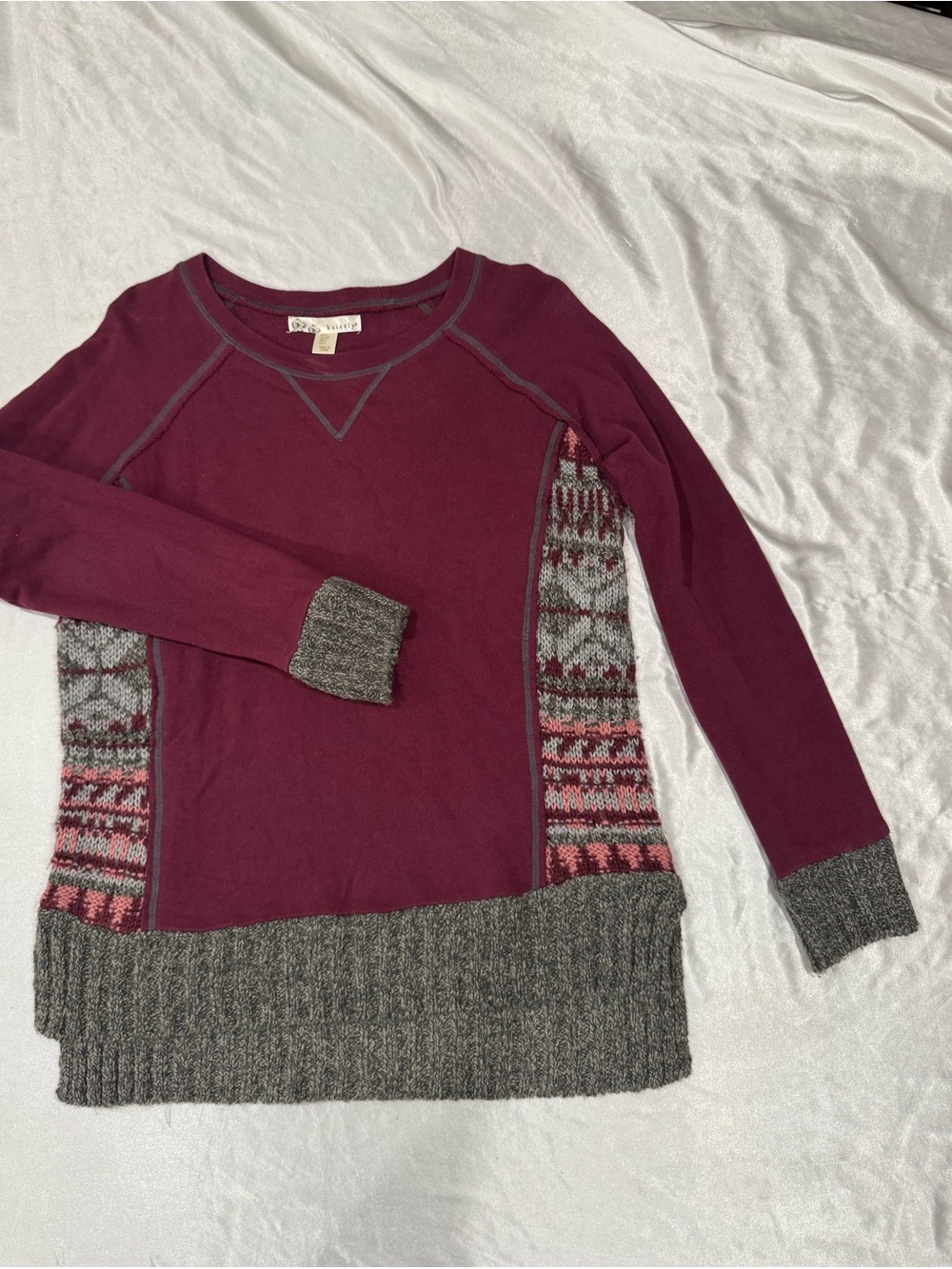 Kaisely Fair Isle Mixed Media Tunic Sweater Burgundy Gray Small